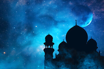 Starry Night over the Mosque - Ramadan Kareem. A silhouette of a mosque with ornate minarets against a backdrop of a starry sky and a shining crescent moon, symbolizing the holy time of Ramadan. 