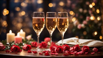 Champagne glasses with roses and candles, love concept