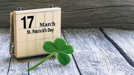 A calendar flipped to March 17 with a perfect clover leaf sets the scene for St. Patrick's Day, symbolizing the countdown to a global celebration of Irish culture. - obrazy, fototapety, plakaty