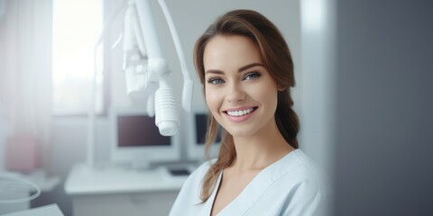 A happy young woman patient in a modern bright dental clinic
