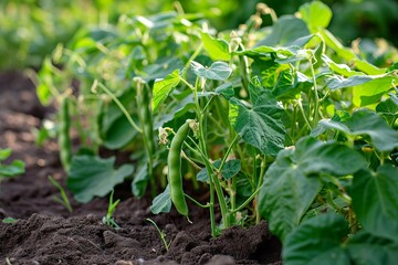 Green beans growing in the field. Close-up. Agriculture.