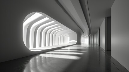 Sunlit modern corridor with repetitive arches and shadows