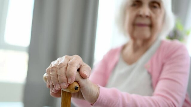 Old Woman Leans On Cane And Converses In Bright Room