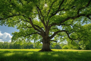 Ancient oak tree rooted in a lush green meadow