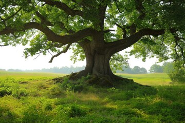 Ancient oak tree rooted in a lush green meadow