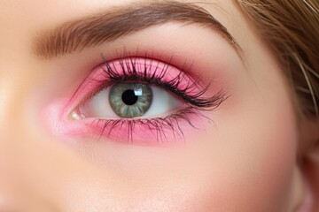 Obraz premium Pink eyeshadow. Summer makeup. close eye closeup of a young woman with long eyelashes. Eyelash extensions. eyebrows