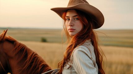 A portrait of a redhead girl in a cowboy hat riding a horse, with the prairie in the background.