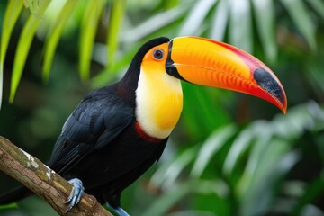 Fototapeta premium Colorful toucan perched on a lush tropical branch