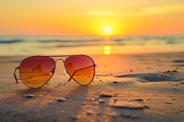 A pair of stylish sunglasses on a sandy beach at sunset
