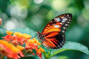 Fototapeta premium A vibrant butterfly perched on a flower in a garden
