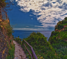 
Cinque Terre views of hiking trail along seaside villages on the Italian Riviera coastline. Liguria, Italy, Europe. 2023 Summer. 