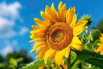 A vibrant sunflower against a bright blue sky