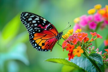A vibrant butterfly perched on a flower in a garden
