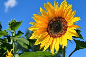 A vibrant sunflower against a bright blue sky