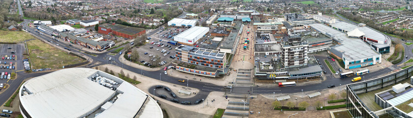 Fototapeta na wymiar Aerial Panoramic View of Corby Town of Northamptonshire, England United Kingdom on Cold and Cloudy Day of January 2024
