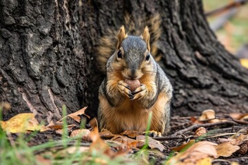 Naklejka na ściany i meble Curious squirrel nibbling on an acorn under a tree