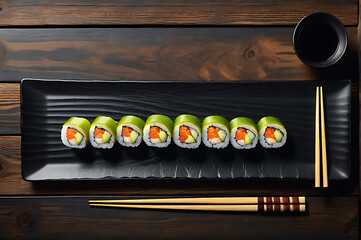 Sushi Elegance: Top-View of a Single Delectable Sushi Roll on a Matte Black Plate with Ginger Slices and Wasabi