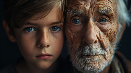 abstract photo showing age, reality of life,  yesterday and tomorrow, younghood and old age, young boy with old man