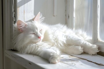 Fluffy white cat lounging lazily in a sunny window sill
