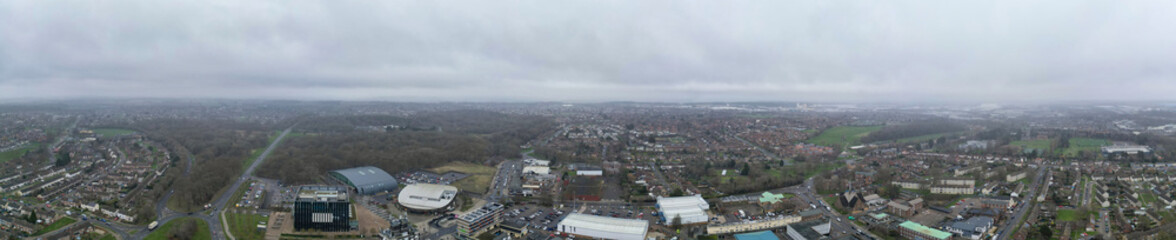 Aerial Panoramic View of Corby Town of Northamptonshire, England United Kingdom on Cold and Cloudy Day of January 2024