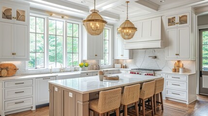 coastal kitchen, white cabinets and counter top, tan chairs, window