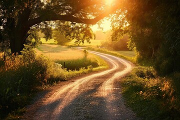 Fototapeta premium Golden hour sunlight illuminating a peaceful country road