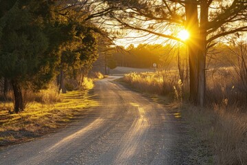 Golden hour sunlight illuminating a peaceful country road