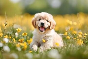 Golden retriever puppy joyfully playing in a meadow