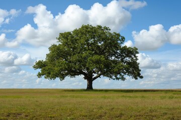 Lone oak tree standing majestically in a vast open field
