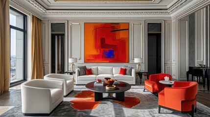 eclectic living room with white and orange furniture, large painting