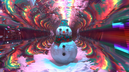 psychedelic snowman in surreal abstract landscape 