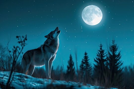 Lone wolf howling under a moonlit sky in the wilderness