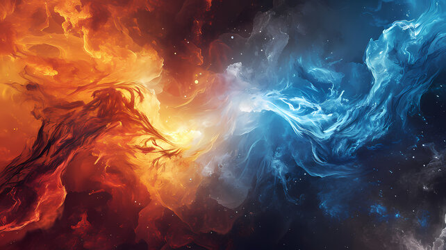Fototapeta Abstract illustration representing fire and ice colliding into one another, digital art background or wallpaper