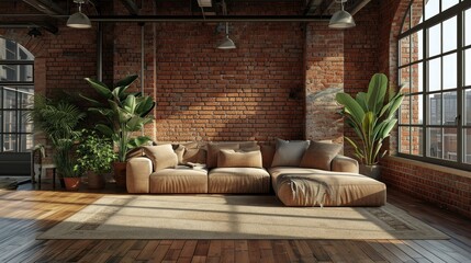 neo-industrial living room, open space with windows and plants