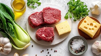 some raw ingredients to make a recipe, such as steak, garlic, bok choy, cheese, butter on a white countertop   - obrazy, fototapety, plakaty