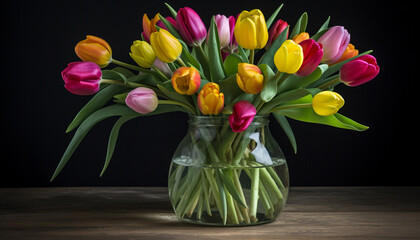 Vibrant tulip bouquet brings freshness and beauty to nature celebration generated by AI