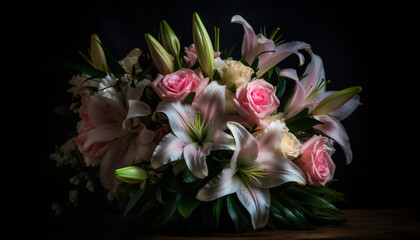 Obraz premium Nature beauty in a bouquet of fresh pink tulips and orchids generated by AI