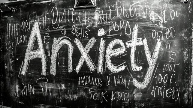 a chalk board covered in text, the text "Anxiety" written in white chalk hundreds of times in varying sizes, written over and over and over on a chalk board, schizophrenic panicked writing