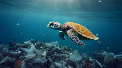 Obraz premium sad turtle swimming around pile of plastic waste