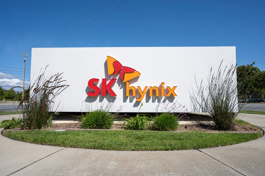 San Jose, CA, USA - Apr 30, 2022: SK hynix sign is seen at the headquarters of SK hynix America, Inc. in San Jose, California. SK hynix is a South Korean supplier of DRAM and flash memory chips.