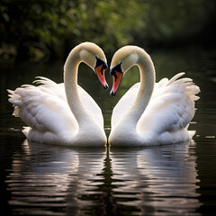 Two white swans on the  lake forming a heart shape, Valentine's day illustration