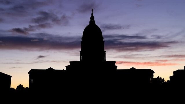 Kansas State Capitol Building in Topeka, Time Lapse at Twilight with Colourful Sky and Dark Silhouette of Dome, KS, USA