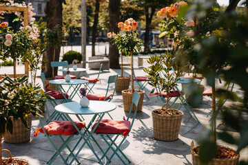 Outdoor café with metal tables and chairs surrounded by potted plants.