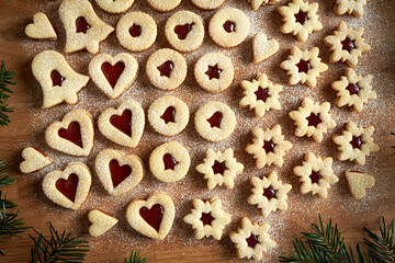 Homemade Linzer Christmas cookies dusted with sugar