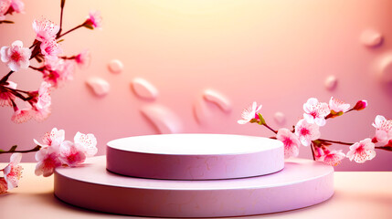 Pink background with white circular object and pink flowers on top of it.