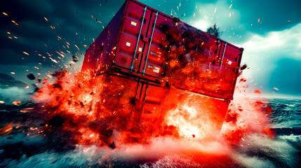 Large red container on fire in the middle of body of water.
