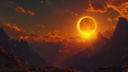 A solar eclipse in a surreal valley, ai generated beautiful concept