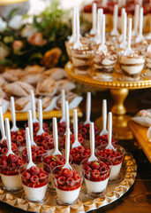 A dessert table at an event with a variety of sweets on golden stands. Raspberry dessert in cups at a candy bar at a wedding.