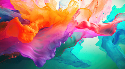 The effect of paint diffusion in water. Pink, blue, blue, red, orange, purple, green. Chalk, pastel, gouache, watercolor. Mixing of colors, beautiful bright texture, voluminous background. - obrazy, fototapety, plakaty