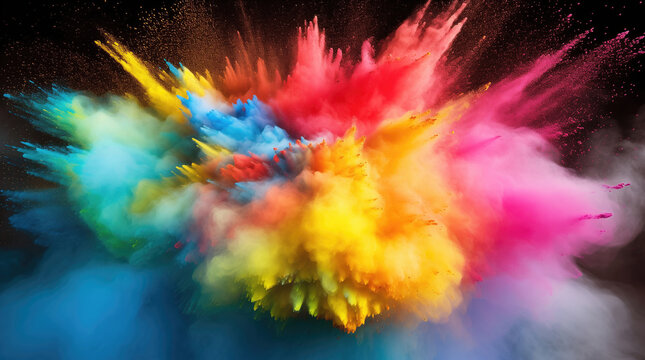 Explosion of multi-colored powder paint. Pink, blue, blue, red, orange, purple, green. Chalk, pastel. Holi festival of colors in India. Dark background in the studio.
